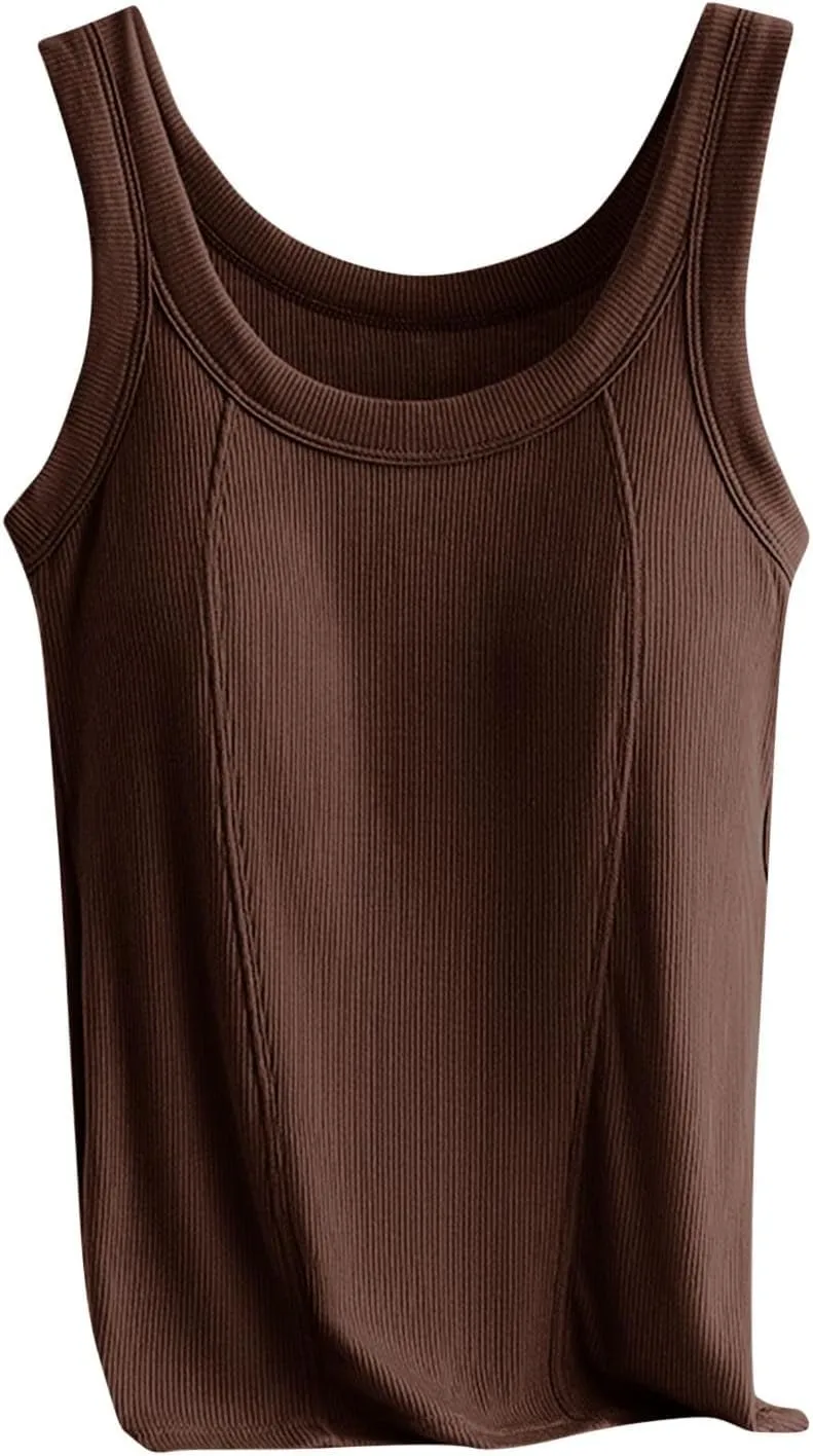 2025 Womens Ribbed Cami Tank Tops Built in Bra Padded Camisole Sleeveless Stretch Slim Fit Lounge Layer Daily Wear