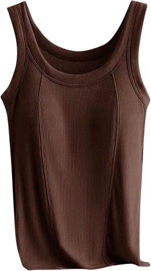 2025 Womens Ribbed Cami Tank Tops Built in Bra Padded Camisole Sleeveless Stretch Slim Fit Lounge Layer Daily Wear