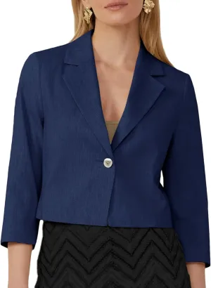 2025 Women's Summer Linen Blazer Cropped 3/4 Sleeve Lightweight Fully-Lined Trendy Casual Work Office Suit Jackets