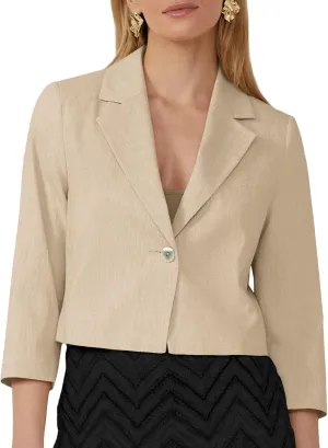 2025 Women's Summer Linen Blazer Cropped 3/4 Sleeve Lightweight Fully-Lined Trendy Casual Work Office Suit Jackets