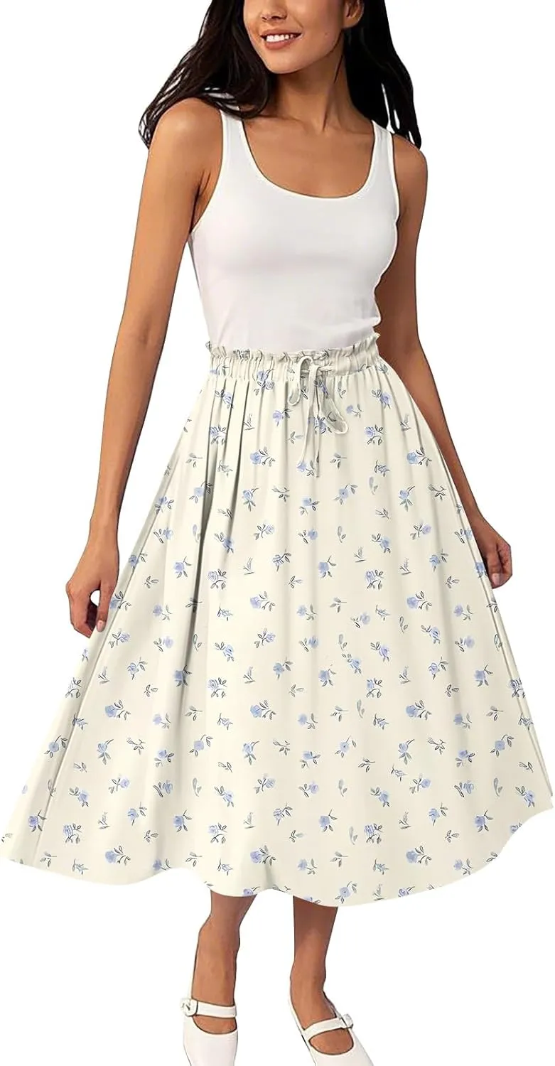 ADHOWBEW Long Skirts for Women A Line Flowy Beach High Waisted Midi Length Trendy Cute Plus Size Casual Ruffle Summer Skirts
