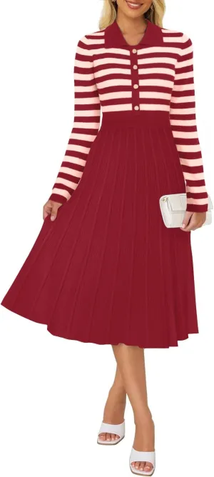 AGSEEM Women's Casual Striped Midi Dress Lapel Long Sleeve Button Ribbed Knit Swing Pleated A Line Dresses