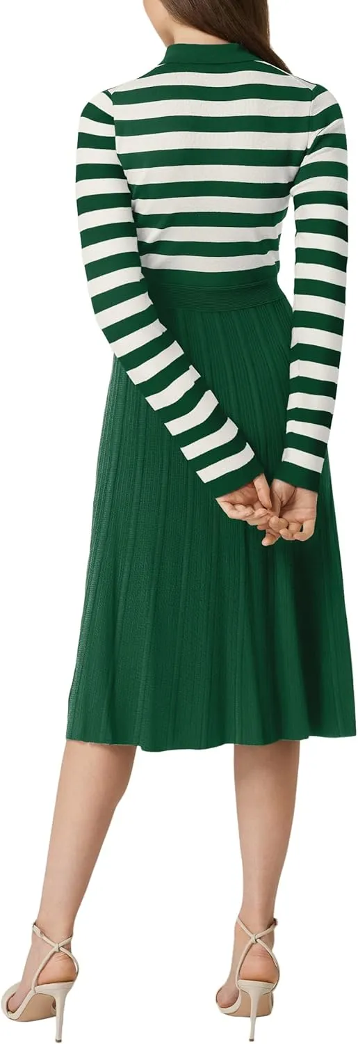 AGSEEM Women's Casual Striped Midi Dress Lapel Long Sleeve Button Ribbed Knit Swing Pleated A Line Dresses