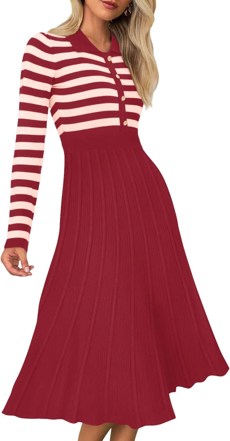 AGSEEM Women's Casual Striped Midi Dress Lapel Long Sleeve Button Ribbed Knit Swing Pleated A Line Dresses