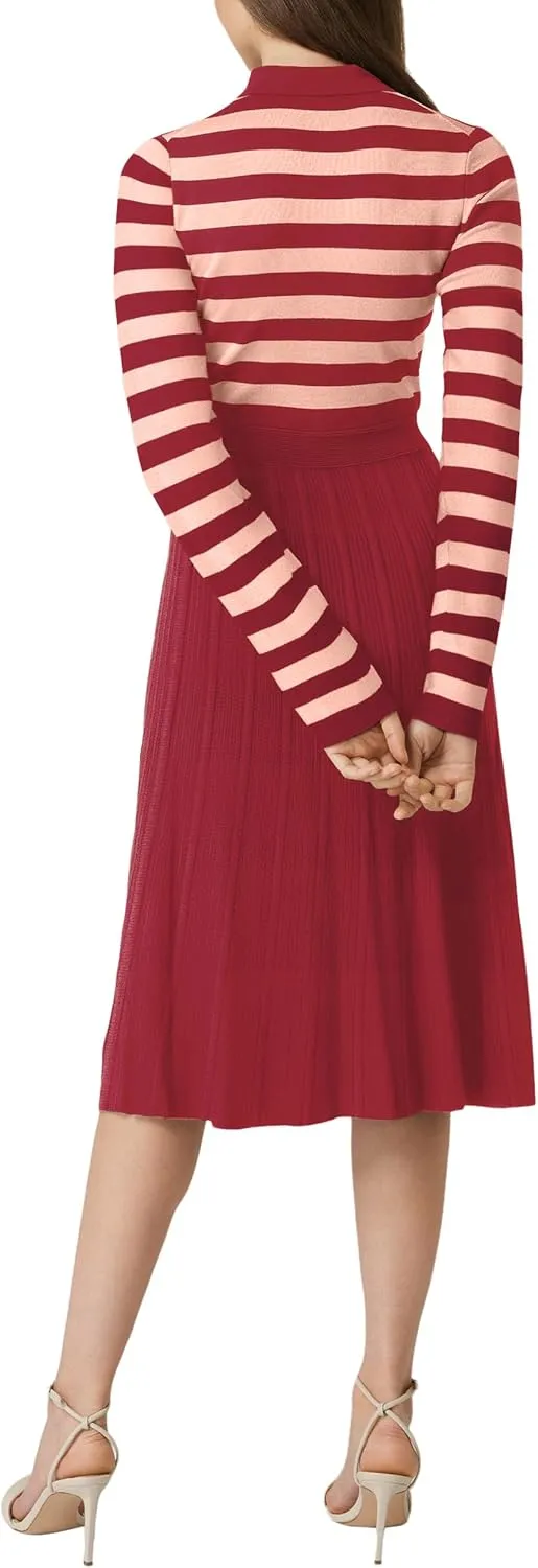 AGSEEM Women's Casual Striped Midi Dress Lapel Long Sleeve Button Ribbed Knit Swing Pleated A Line Dresses