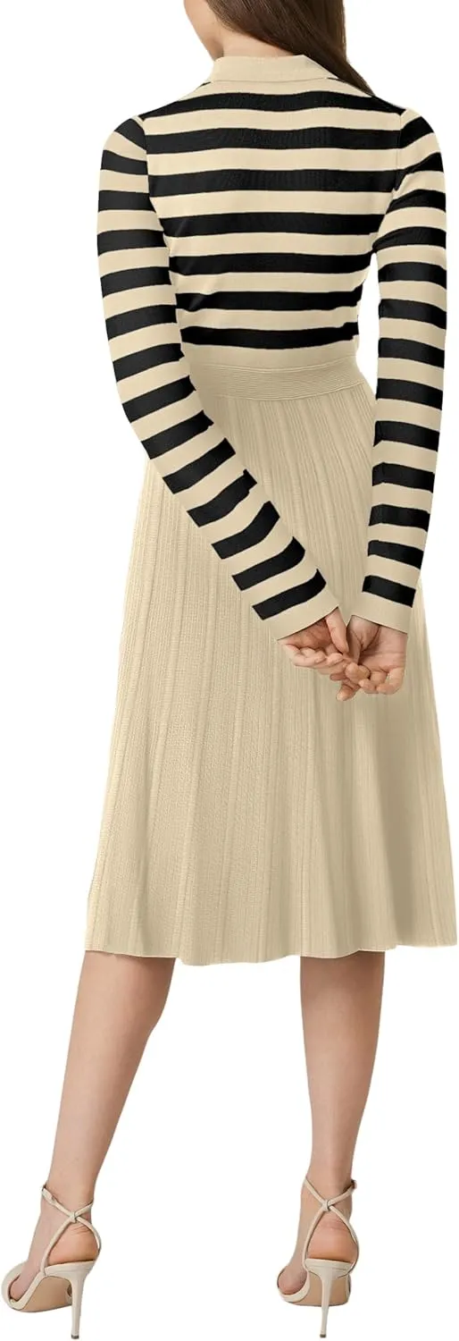 AGSEEM Women's Casual Striped Midi Dress Lapel Long Sleeve Button Ribbed Knit Swing Pleated A Line Dresses