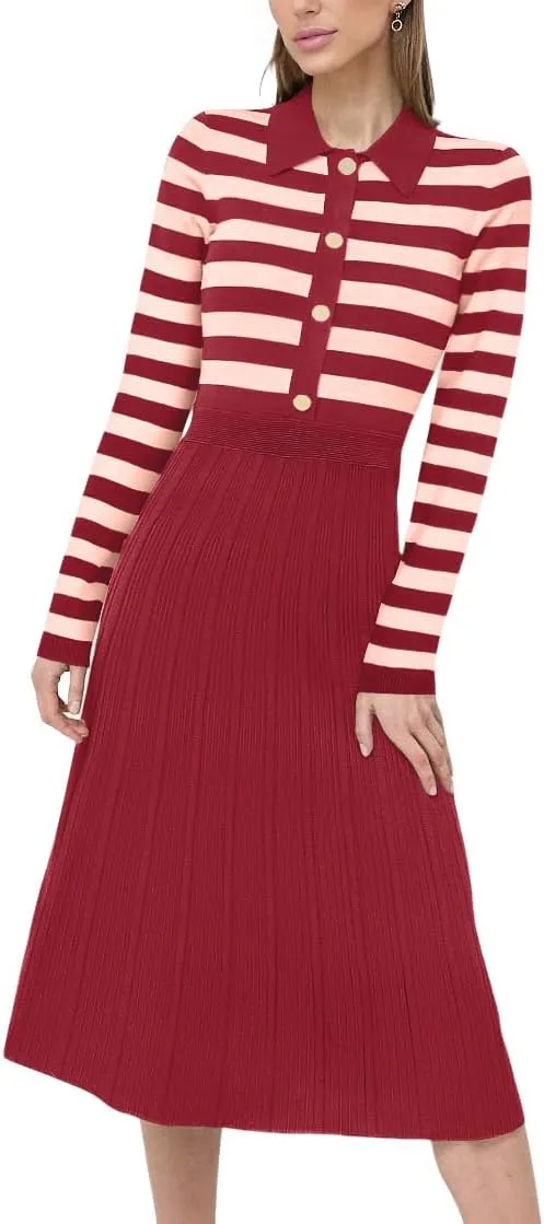 AGSEEM Women's Casual Striped Midi Dress Lapel Long Sleeve Button Ribbed Knit Swing Pleated A Line Dresses