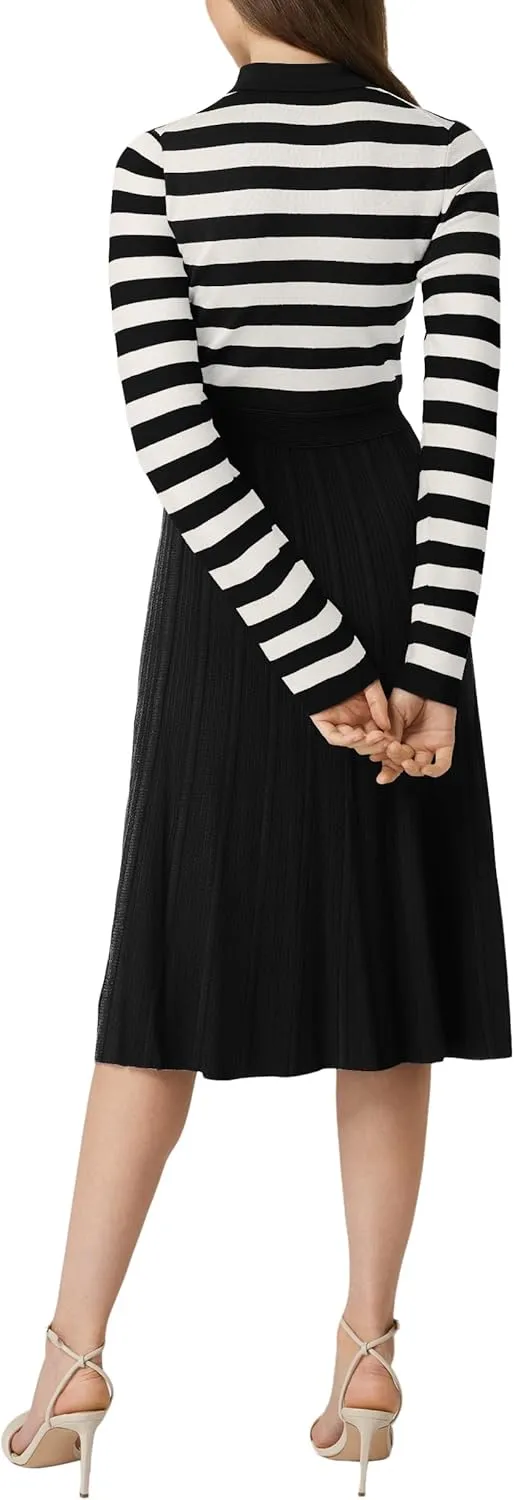 AGSEEM Women's Casual Striped Midi Dress Lapel Long Sleeve Button Ribbed Knit Swing Pleated A Line Dresses