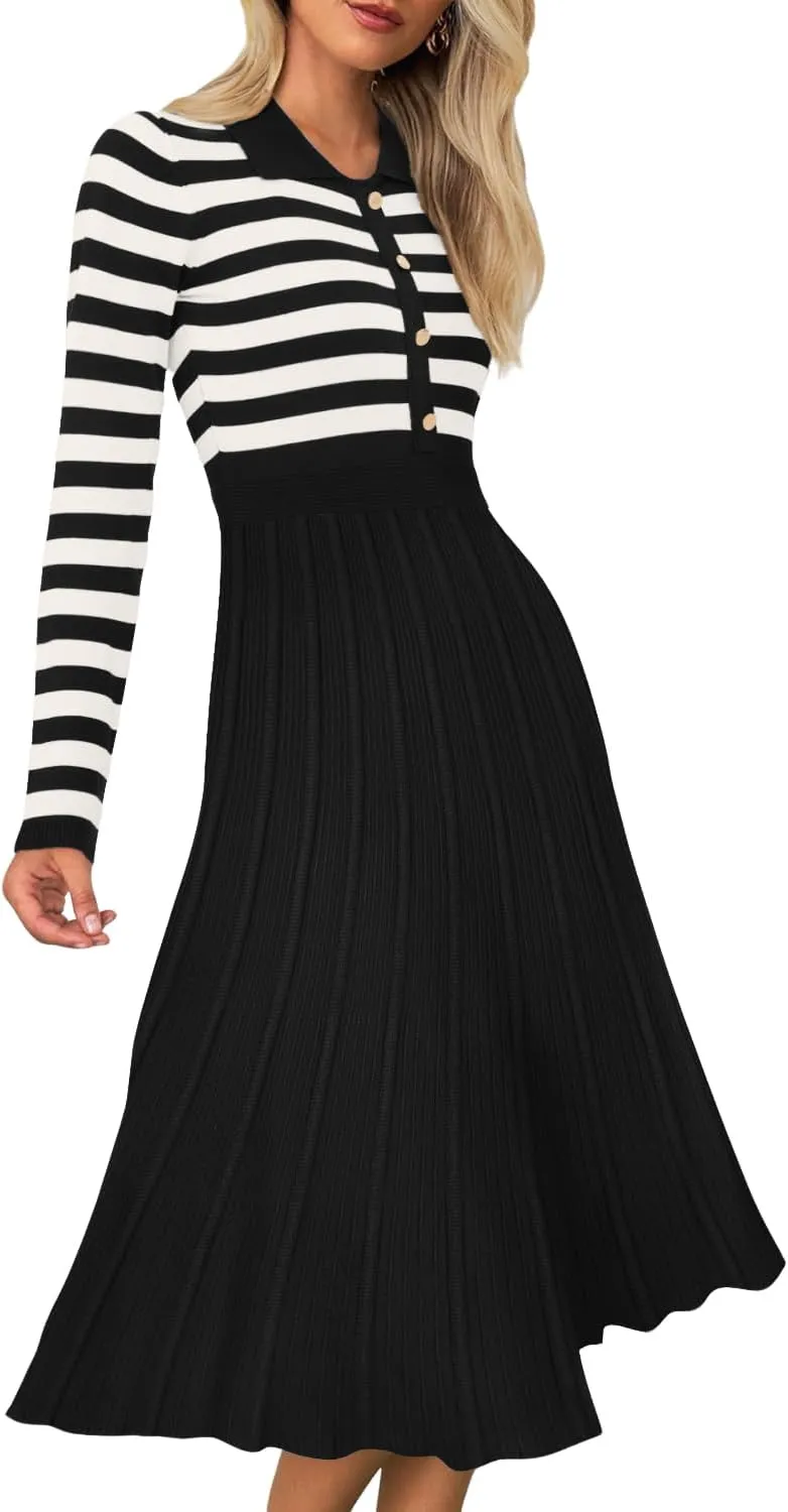 AGSEEM Women's Casual Striped Midi Dress Lapel Long Sleeve Button Ribbed Knit Swing Pleated A Line Dresses