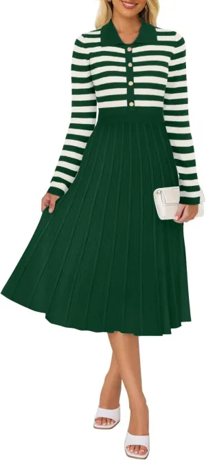 AGSEEM Women's Casual Striped Midi Dress Lapel Long Sleeve Button Ribbed Knit Swing Pleated A Line Dresses