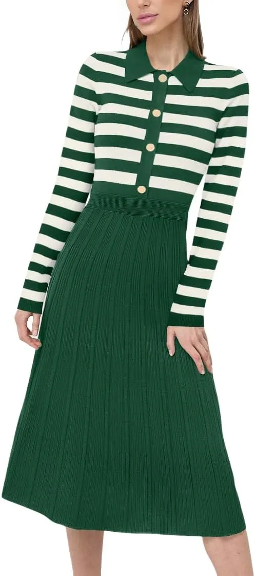 AGSEEM Women's Casual Striped Midi Dress Lapel Long Sleeve Button Ribbed Knit Swing Pleated A Line Dresses