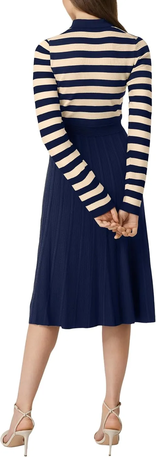 AGSEEM Women's Casual Striped Midi Dress Lapel Long Sleeve Button Ribbed Knit Swing Pleated A Line Dresses