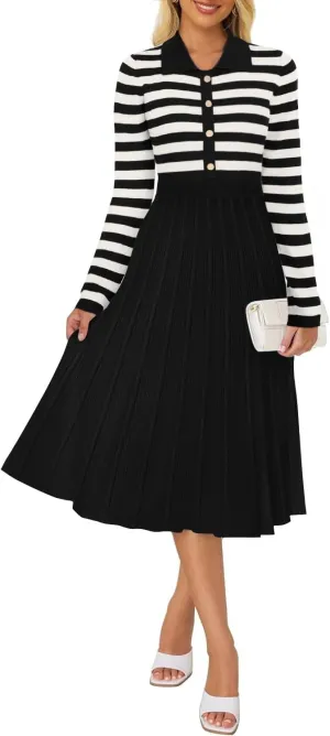AGSEEM Women's Casual Striped Midi Dress Lapel Long Sleeve Button Ribbed Knit Swing Pleated A Line Dresses