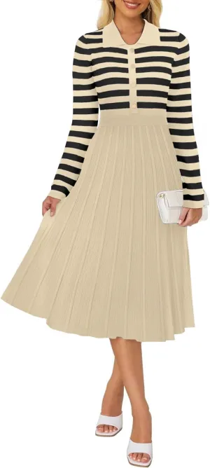 AGSEEM Women's Casual Striped Midi Dress Lapel Long Sleeve Button Ribbed Knit Swing Pleated A Line Dresses
