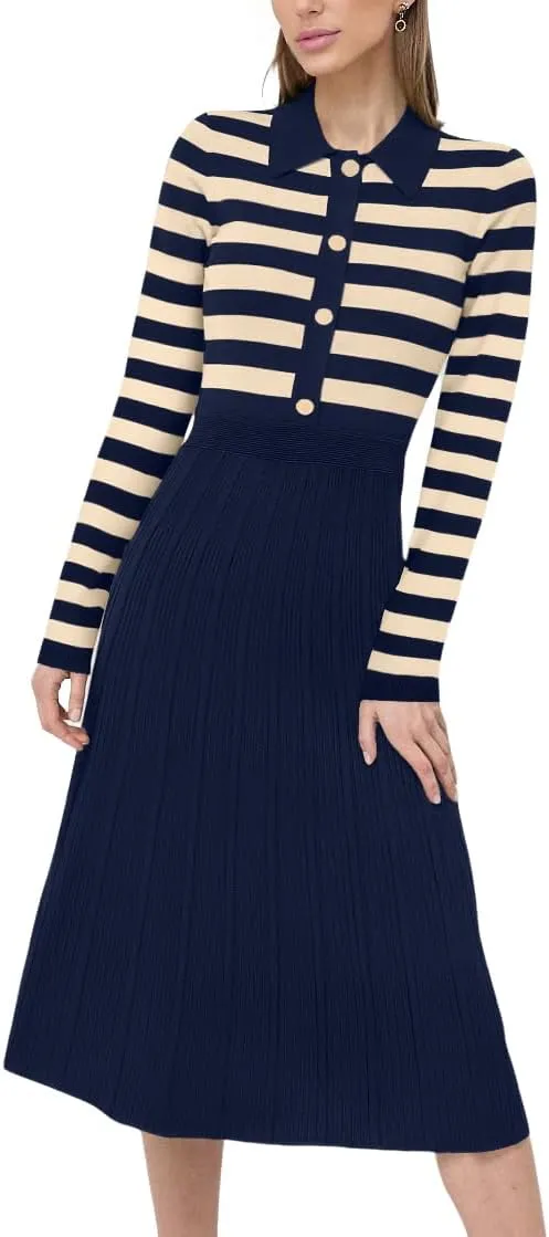 AGSEEM Women's Casual Striped Midi Dress Lapel Long Sleeve Button Ribbed Knit Swing Pleated A Line Dresses
