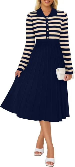 AGSEEM Women's Casual Striped Midi Dress Lapel Long Sleeve Button Ribbed Knit Swing Pleated A Line Dresses