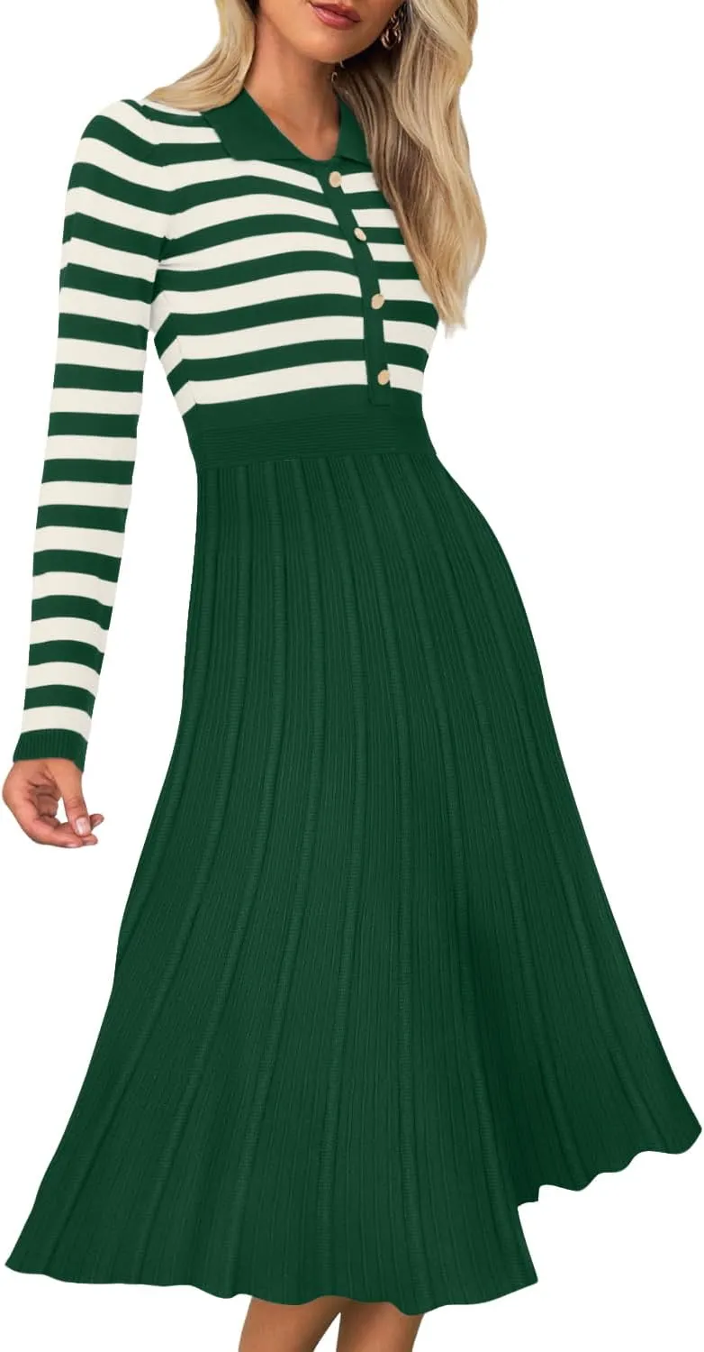 AGSEEM Women's Casual Striped Midi Dress Lapel Long Sleeve Button Ribbed Knit Swing Pleated A Line Dresses