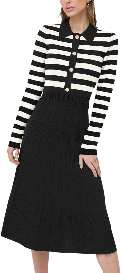 AGSEEM Women's Casual Striped Midi Dress Lapel Long Sleeve Button Ribbed Knit Swing Pleated A Line Dresses