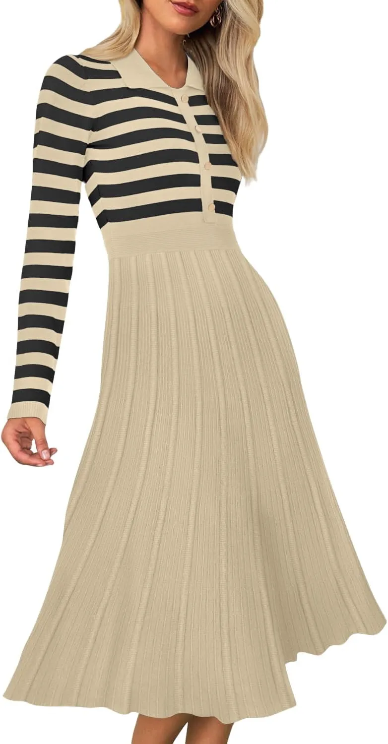 AGSEEM Women's Casual Striped Midi Dress Lapel Long Sleeve Button Ribbed Knit Swing Pleated A Line Dresses