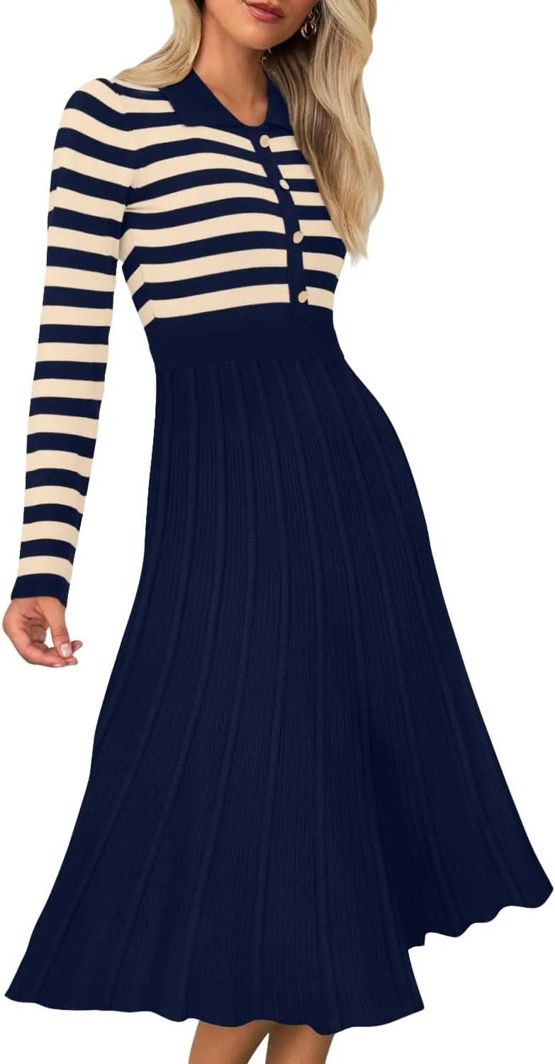 AGSEEM Women's Casual Striped Midi Dress Lapel Long Sleeve Button Ribbed Knit Swing Pleated A Line Dresses