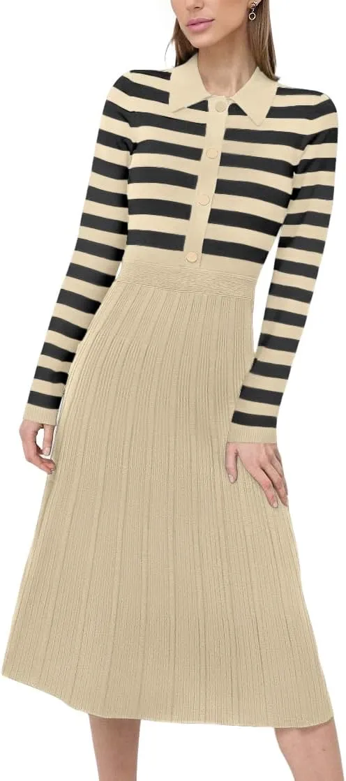 AGSEEM Women's Casual Striped Midi Dress Lapel Long Sleeve Button Ribbed Knit Swing Pleated A Line Dresses