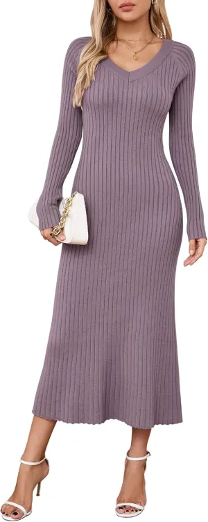 Arach&Cloz 2025 Spring Womens V Neck Long Sleeve Fishtail Sweater Dress Ribbed Knit Slim Fit Bodycon Midi Dress