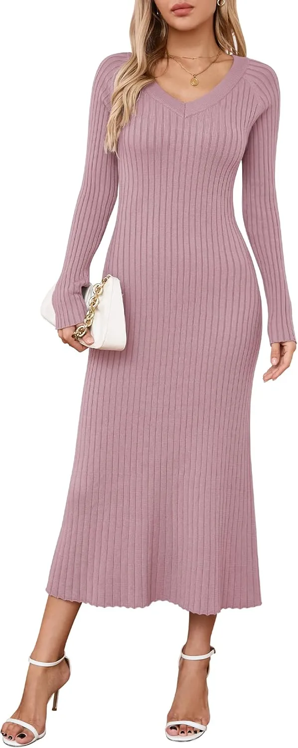 Arach&Cloz 2025 Spring Womens V Neck Long Sleeve Fishtail Sweater Dress Ribbed Knit Slim Fit Bodycon Midi Dress