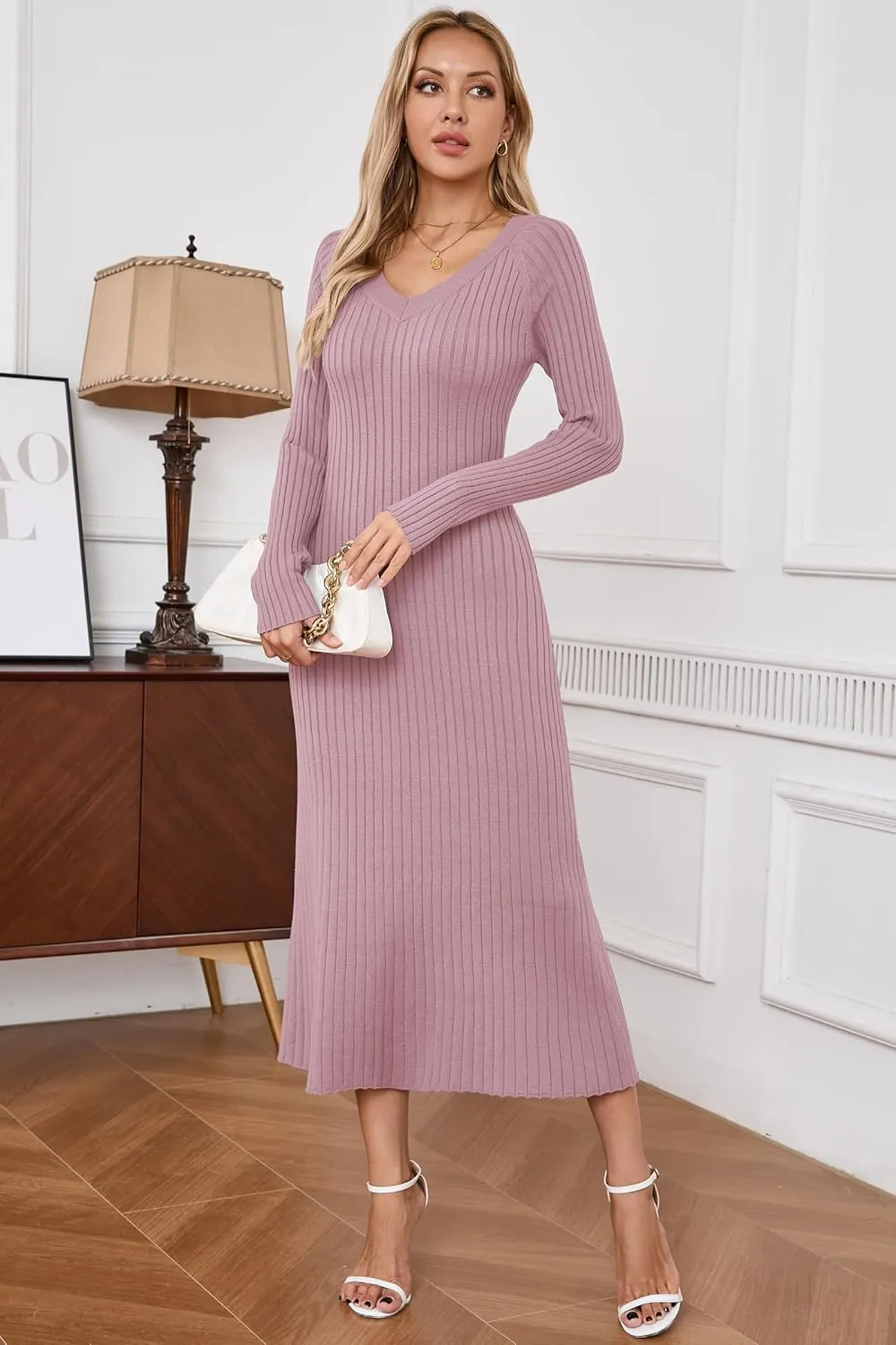 Arach&Cloz 2025 Spring Womens V Neck Long Sleeve Fishtail Sweater Dress Ribbed Knit Slim Fit Bodycon Midi Dress