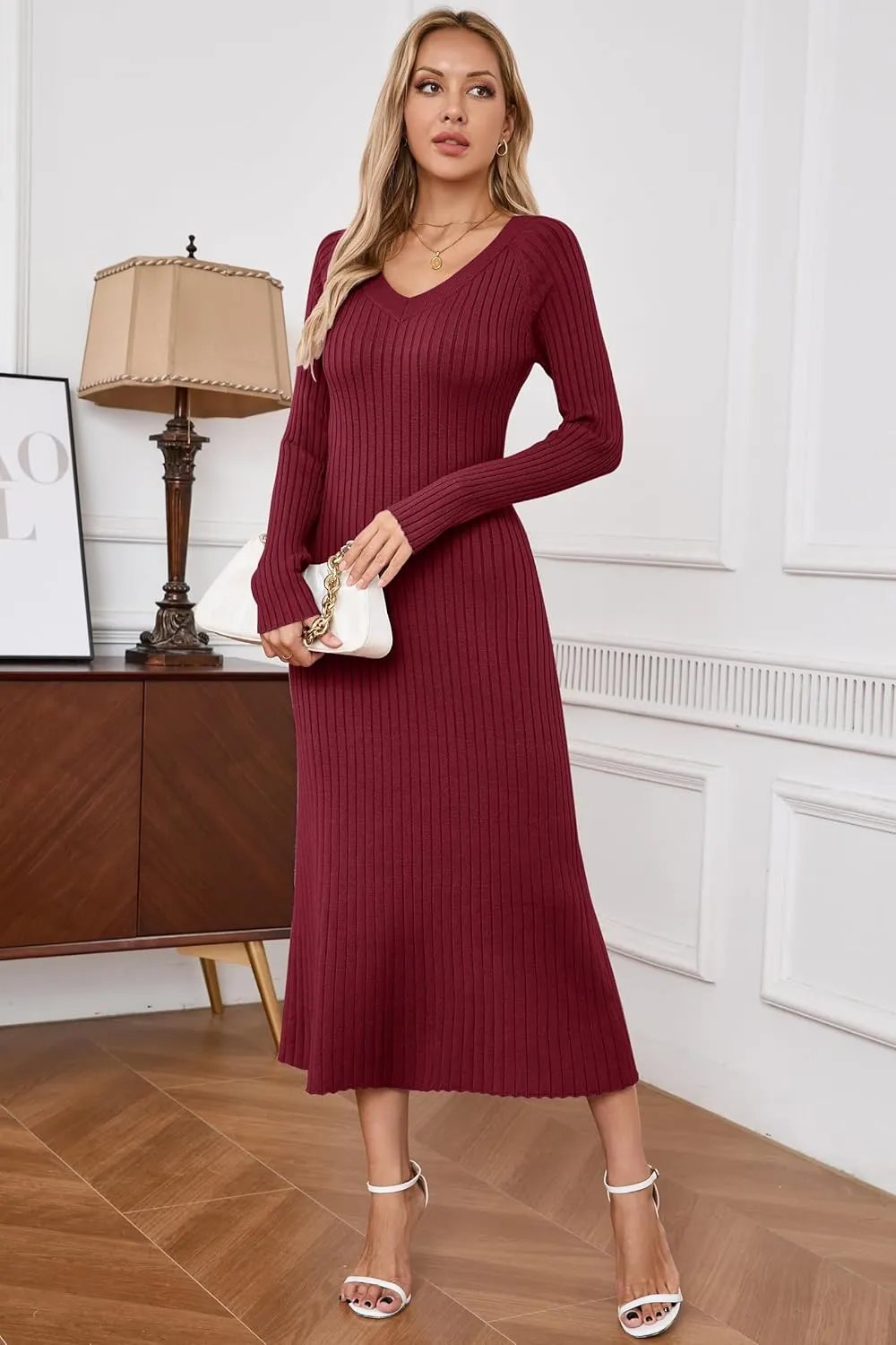 Arach&Cloz 2025 Spring Womens V Neck Long Sleeve Fishtail Sweater Dress Ribbed Knit Slim Fit Bodycon Midi Dress