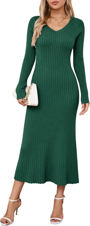Arach&Cloz 2025 Spring Womens V Neck Long Sleeve Fishtail Sweater Dress Ribbed Knit Slim Fit Bodycon Midi Dress