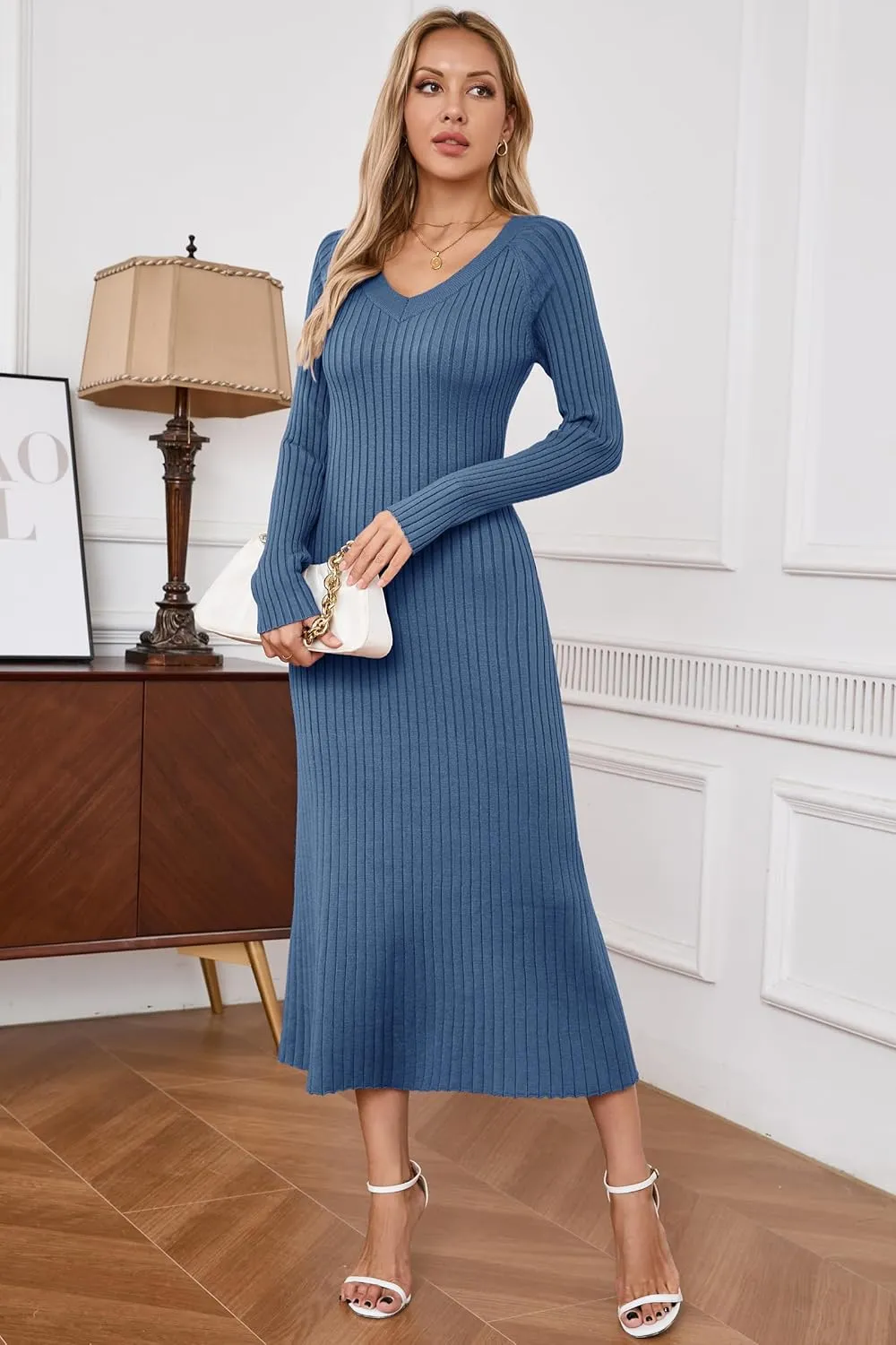 Arach&Cloz 2025 Spring Womens V Neck Long Sleeve Fishtail Sweater Dress Ribbed Knit Slim Fit Bodycon Midi Dress