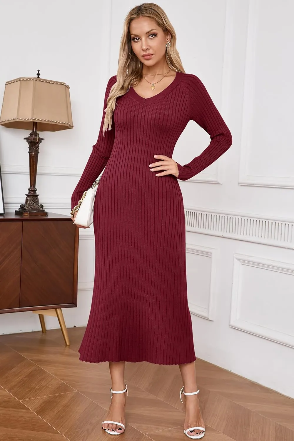 Arach&Cloz 2025 Spring Womens V Neck Long Sleeve Fishtail Sweater Dress Ribbed Knit Slim Fit Bodycon Midi Dress