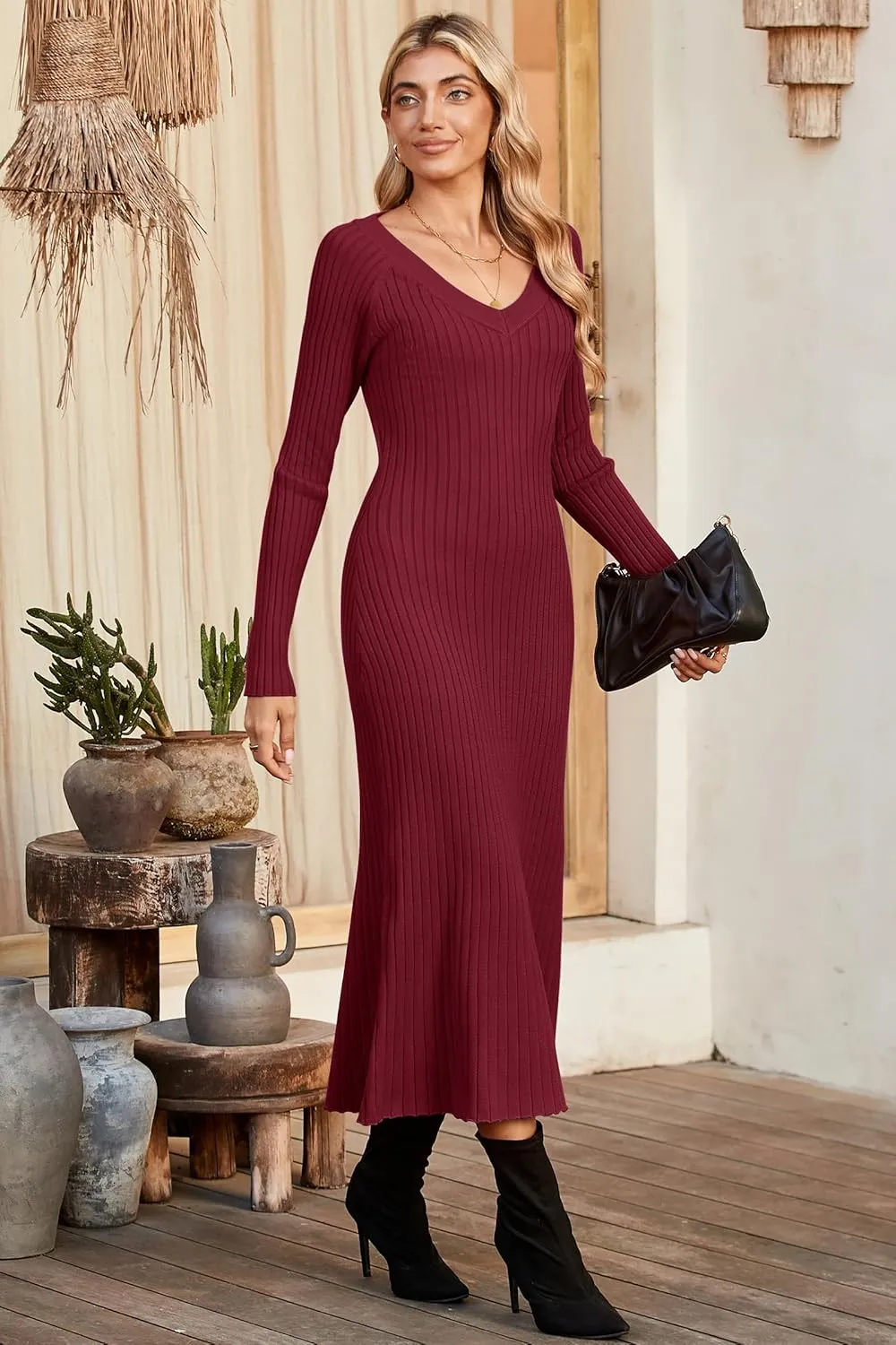 Arach&Cloz 2025 Spring Womens V Neck Long Sleeve Fishtail Sweater Dress Ribbed Knit Slim Fit Bodycon Midi Dress