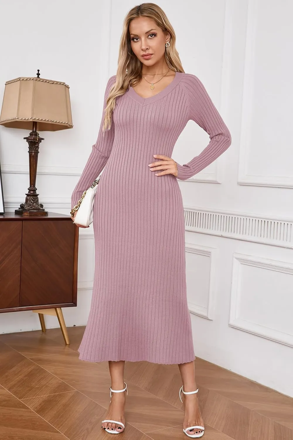 Arach&Cloz 2025 Spring Womens V Neck Long Sleeve Fishtail Sweater Dress Ribbed Knit Slim Fit Bodycon Midi Dress