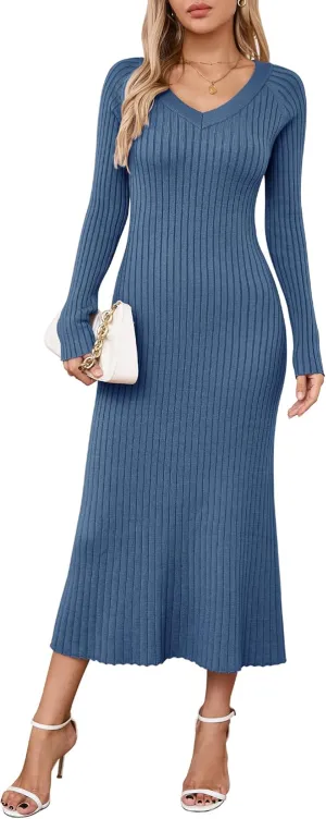 Arach&Cloz 2025 Spring Womens V Neck Long Sleeve Fishtail Sweater Dress Ribbed Knit Slim Fit Bodycon Midi Dress