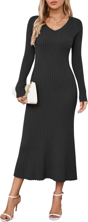 Arach&Cloz 2025 Spring Womens V Neck Long Sleeve Fishtail Sweater Dress Ribbed Knit Slim Fit Bodycon Midi Dress