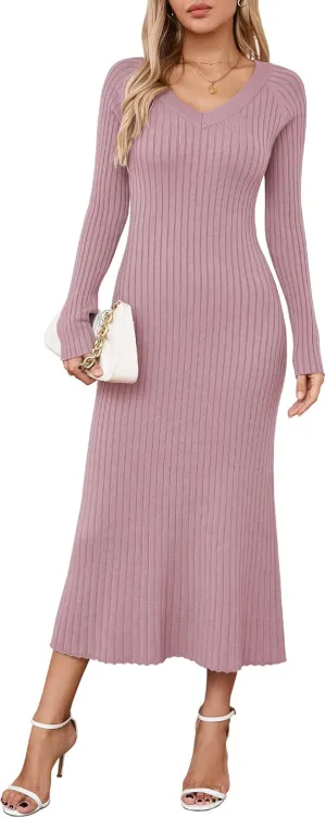 Arach&Cloz 2025 Spring Womens V Neck Long Sleeve Fishtail Sweater Dress Ribbed Knit Slim Fit Bodycon Midi Dress
