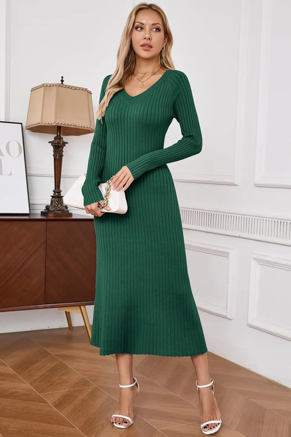 Arach&Cloz 2025 Spring Womens V Neck Long Sleeve Fishtail Sweater Dress Ribbed Knit Slim Fit Bodycon Midi Dress