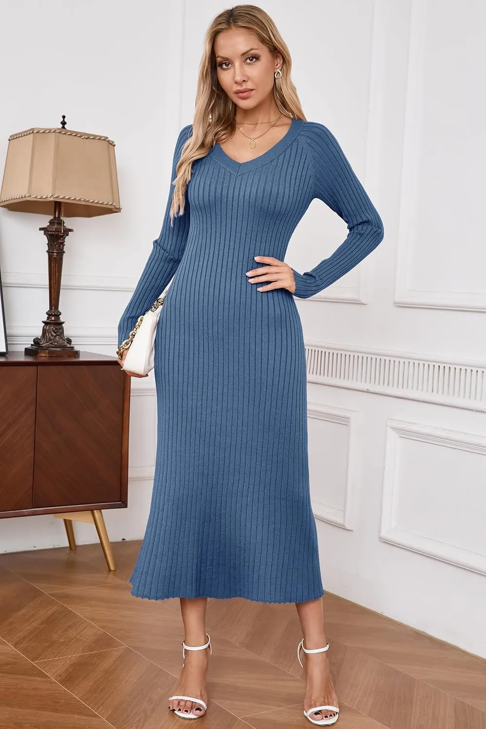 Arach&Cloz 2025 Spring Womens V Neck Long Sleeve Fishtail Sweater Dress Ribbed Knit Slim Fit Bodycon Midi Dress