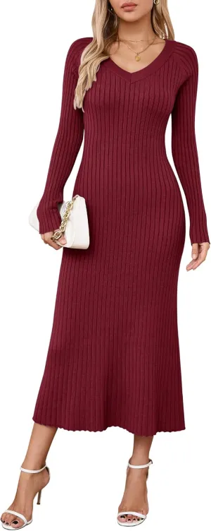 Arach&Cloz 2025 Spring Womens V Neck Long Sleeve Fishtail Sweater Dress Ribbed Knit Slim Fit Bodycon Midi Dress