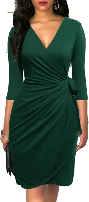 Berydress Women's Classic 3/4 Sleeve V Neck Sheath Casual Party Work Faux Black Wrap Dress