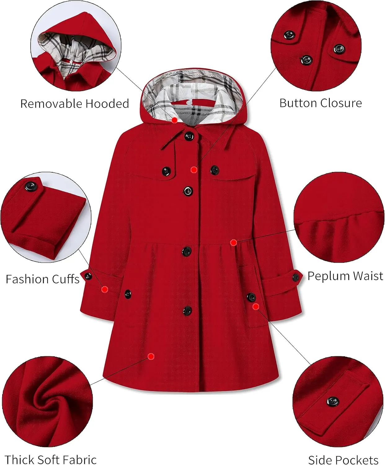 Betusline Girls' Dress Coat, Kids Hoodie Wool Blend Coats Fall Winter Outerwear Peacoat,2-14 Years