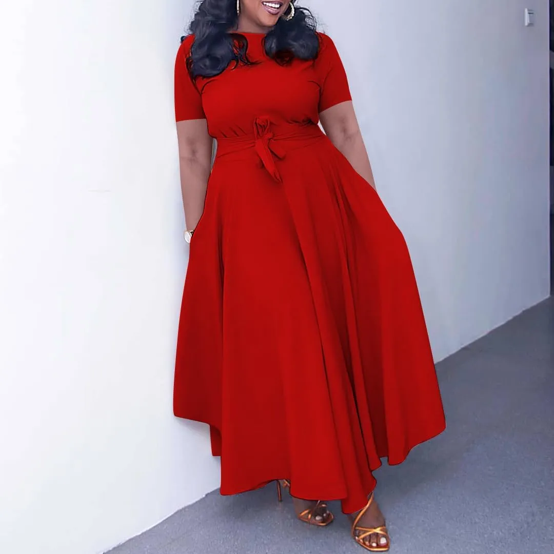 BFFBABY Plus Size Dress A Line Dresses for Women Summer Long Dresses with Sleeve Casual Belted