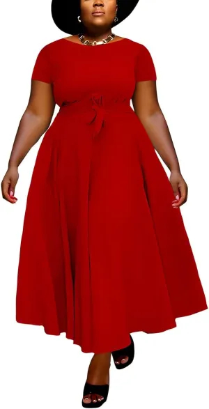 BFFBABY Plus Size Dress A Line Dresses for Women Summer Long Dresses with Sleeve Casual Belted