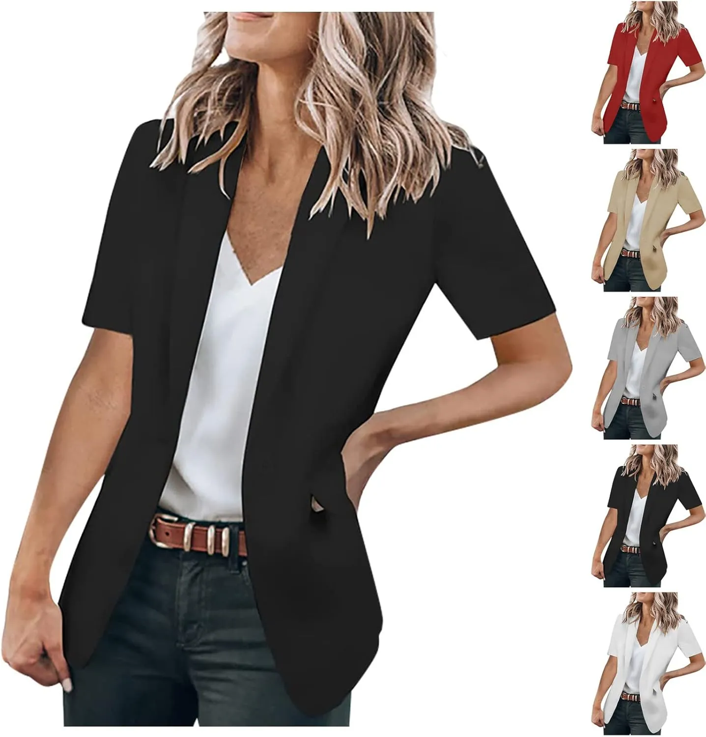Blazer Jackets for Women Business Casual Short Sleeve Blazer Lightweight Open Front Blazer Slim Suit Jacket