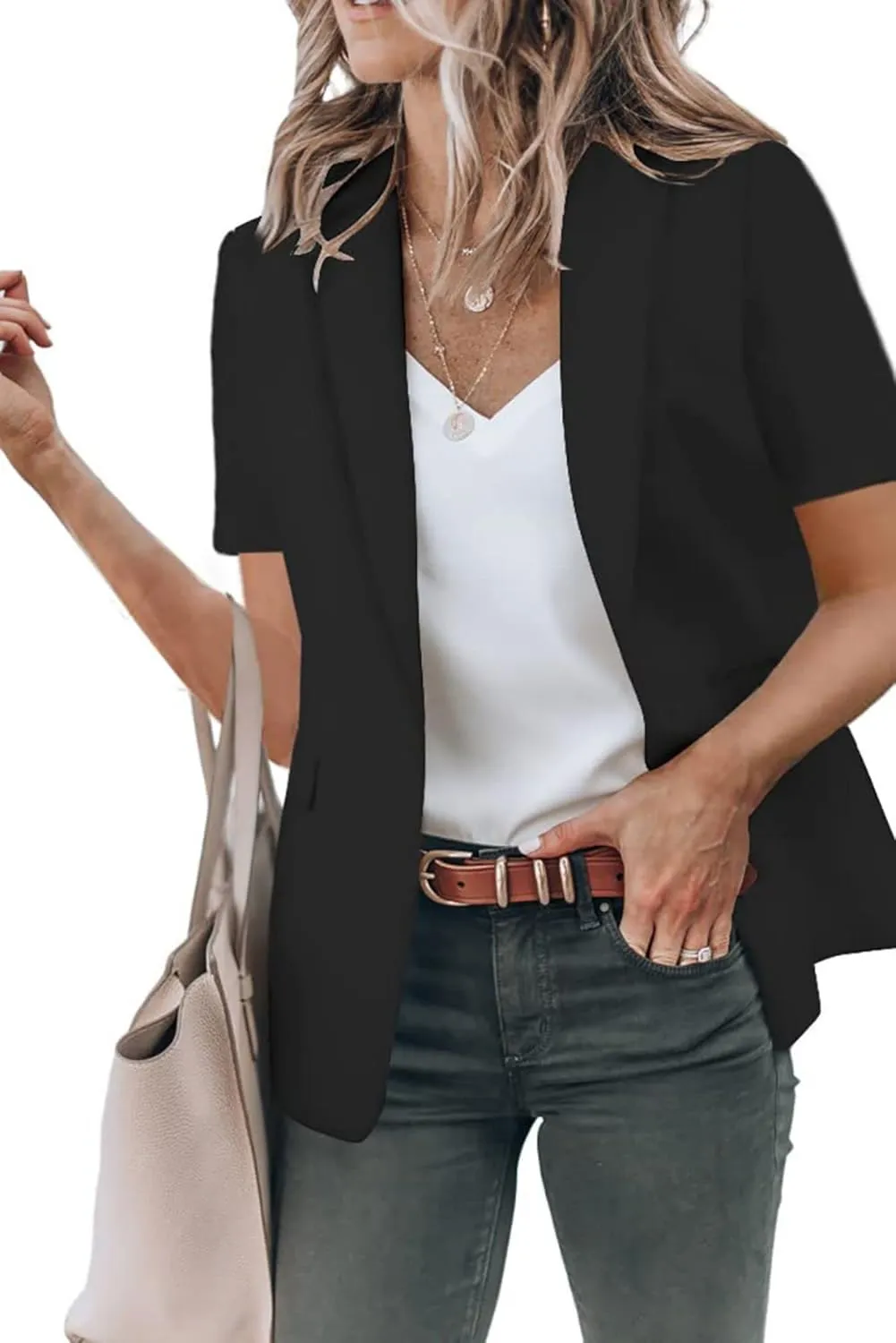 Blazer Jackets for Women Casual Short Sleeve/Sleeveless Blazer Caots Summer Slim Lapel Open Front Work Office Jacket