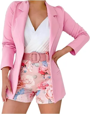 Blazer Sets Women 2 Piece Outfits with Belt Long Sleeve Coat Casual Office Blazers Jackets Shorts Suit, Small