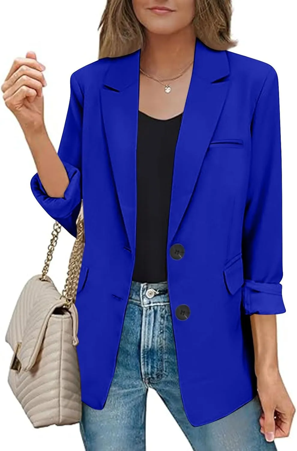 Blazers for Women Casual Open Front Long Sleeve Work Office Blazer Jacket Fashion Button Lapel Blazer with Pockets