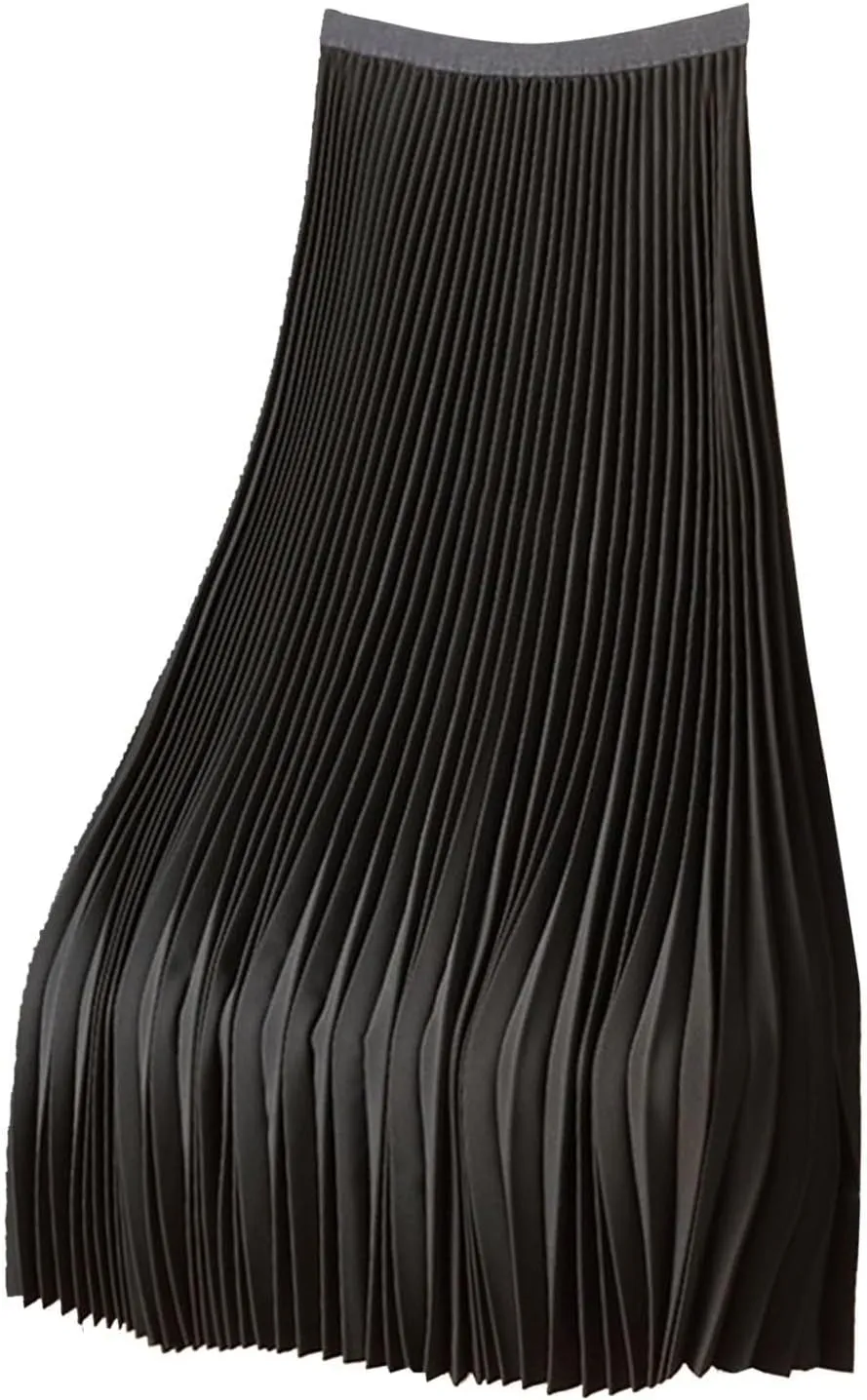 Boho Maxi Skirt for Summer Vacation 2025 High Elastic Waist Trendy Solid Color Pleated A-Line Satin Soft Long Skirts