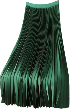 Boho Maxi Skirt for Summer Vacation 2025 High Elastic Waist Trendy Solid Color Pleated A-Line Satin Soft Long Skirts